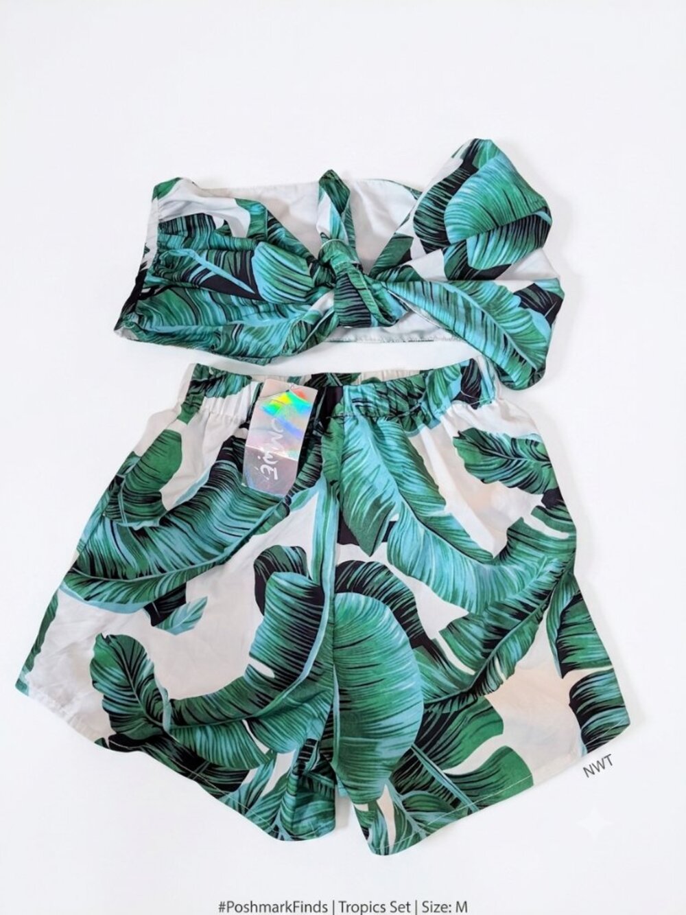 NWT ROMWE Tropical Palm Leaf Bandeau & Shorts Two-Piece Set S